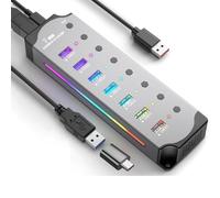 Kueohse Hub USB 3.0 de Alta Velocidad, Divisor USB 7 en 1, Interruptores de Alimentación Individuales, RGB, Aluminio, para Juegos, para PC Portátil.