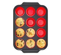 Kueohse Molde para Muffins de Silicona con Estructura de Metal, Moldes de Silicona para Hacer Morder Huevos para Hornear, Moldes para Magdalenas, 12 Tamaños Regulares, Color Rojo