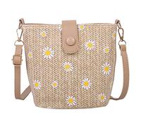 Kueohse Pequeña paja tejida para mujer, bolso de cubo de cadena de moda, bolso de mano bohemio, bolsa de escuela para niñas, color caqui