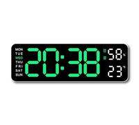Kueohse Reloj de Pared Digital Grande Pantalla de Temperatura y Humedad Semana Reloj Despertador de Mesa LED Electrónico 12/24H Verde