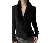 Kueohse Suéter de Larga con Cuello en V para Mujer, Estilo Casual y, con Cuello de Forro Negro L
