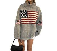 Kueohse Suéter Informal Holgado de Larga con Cuello Redondo y Estampado de Bandera para Mujer Gris XL