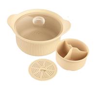 Kueohse Vaporera de Silicona para Microondas de 42 Oz, 3 Compartimentos, Grande, con Asa y Tapa, para Verduras y Comida para Bebés, Color Beige.
