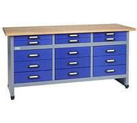 Küpper Banco de trabajo modelo 12977, 170 x 84 x 60 cm, 15 cajones, 30 mm de superficie de trabajo de haya maciza, capacidad de carga de 300 kg, color azul