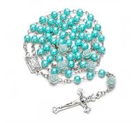 Kuesn Collar de rosario católico de amatista de 6 mm, cuentas de perlas moradas, collar religioso con cruz de rosas, azul cielo, talla única, Vidrio, No es una piedra preciosa