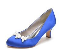 KUHAOFEU Bajo Gatito Tacones satén Perla Nupcial Zapatos de Las Mujeres Ronda Dedo del pie resbalón en Zapatos de Vestido de Novia,Azul,42 EU