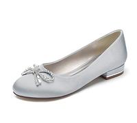KUHAOFEU Ballet Flats Round Toe Slip On Walking Shoes Crystal Bow Wedding Dress Shoes Comfort Soft Flats de Las Mujeres,Plata,38 EU