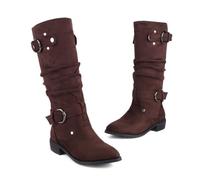 KUHAOFEU Biker Mediados Botas de la Pantorrilla Slouchy Montar Botas Anchas Pantorrilla tacón bajo Piel Forrada Invierno Tirar de Botines,Marrón,47 EU