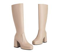 KUHAOFEU Botas de Cuero Negro Botas de Motocicleta de Plataforma para Mujeres Botas de tacón de Bloque de Dedo del pie Cuadrado con Cremallera Lateral,Beige,36 EU
