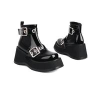 KUHAOFEU Botas De La Motocicleta del Punk del Redondo Y De para Las Mujeres Altos De Cuña Botines Góticos Cortos,Black Patent Leather,42 EU