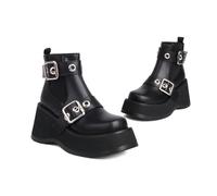 KUHAOFEU Botas De La Motocicleta del Punk del Redondo Y De para Las Mujeres Altos De Cuña Botines Góticos Cortos,Black PU Leather,38 EU