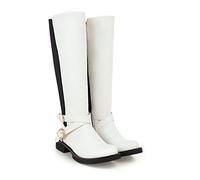 KUHAOFEU Botas de Rodilla de Dos Tonos para Mujer Bloque de tacón bajo Botas de Caballero de Invierno Botas de Combate de Punta Redonda Botas Altas de Pantorrilla Ancha,Blanca,34 EU