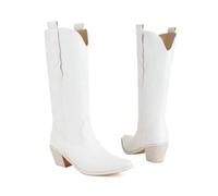 KUHAOFEU Botas Mediados Pantorrilla Mujer Tacón Bajo Caballería Bordado Botín Otoño Cowboy Western Botas,Blanca,36 EU