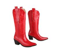 KUHAOFEU Botas Mediados Pantorrilla Mujer Tacón Bajo Caballería Bordado Botín Otoño Cowboy Western Botas,Rojo,39 EU