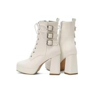 KUHAOFEU Botines de Plataforma para Mujer con Tacón Grueso, Punta Cuadrada y Estilo Militar,Blanca,40 EU