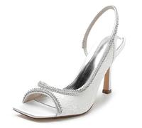 KUHAOFEU Diamantes De Imitación Sandalia De Vestir para Mujer Verano Slip on Zapatos De Tacón De Punta Cuadrada,Blanca,37 EU