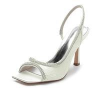 KUHAOFEU Diamantes De Imitación Sandalia De Vestir para Mujer Verano Slip on Zapatos De Tacón De Punta Cuadrada,Marfil,43 EU