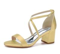 KUHAOFEU Medio Tacón Bloque Sandalia de Boda para Mujer Verano Zapatos de Novia de Peep Toe con Tobillo Hebilla,Dorado,42 EU