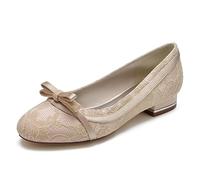 KUHAOFEU Mujer Bajo Tacón Bailarinas de Encaje Punta Redonda Blanca Zapatos Planos De Boda con Arco,Champagne,42 EU