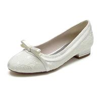 KUHAOFEU Mujer Bajo Tacón Bailarinas de Encaje Punta Redonda Blanca Zapatos Planos De Boda con Arco,Marfil,40 EU