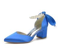 KUHAOFEU Mujer Dedo del Pie Puntiagudo Tacon Gruesos Tobillera Correa Zapatos De Vestido De Noche,Azul,37 EU