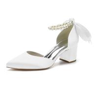 KUHAOFEU Mujer Dedo del Pie Puntiagudo Tacon Gruesos Tobillera Correa Zapatos De Vestido De Noche,Blanca,40 EU