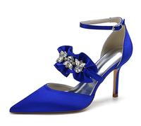 KUHAOFEU Mujer Zapatos De La Boda De La Noche De Cristal De La Correa del Tobillo Moda Satinado De Los Tacones De La Aguja Altos,Azul,38 EU