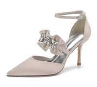 KUHAOFEU Mujer Zapatos De La Boda De La Noche De Cristal De La Correa del Tobillo Moda Satinado De Los Tacones De La Aguja Altos,Champagne,43 EU