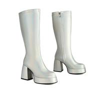 KUHAOFEU Punta Cuadrada Botas De Motociclista para Mujer Tacón Grueso Plataforma Góticas hasta La Rodilla Botas Punk con Cremallera,Plata,44 EU