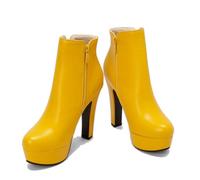 KUHAOFEU Ronda Dedo del Pie Plataforma Tacones Altos PU Cuero Cremallera Botines Vestido De Fiesta De Moda Botines Cortos De Las Mujeres,Amarillo,41 EU