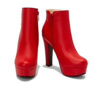 KUHAOFEU Ronda Dedo del Pie Plataforma Tacones Altos PU Cuero Cremallera Botines Vestido De Fiesta De Moda Botines Cortos De Las Mujeres,Rojo,37 EU
