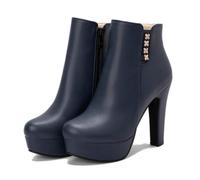 KUHAOFEU Ronda Dedo del Pie Plataforma Tacones Altos PU Cuero Cremallera Botines Vestido De Fiesta De Moda Botines Cortos De Las Mujeres,Azul,43 EU