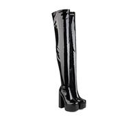 KUHAOFEU Tacón Bloque Bota por Encima de la Rodilla Mujer Plataforma Botas en el Muslo de Cuero,Black Patent Leather,34 EU