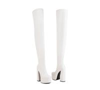 KUHAOFEU Tacón Bloque Bota por Encima de la Rodilla Mujer Plataforma Botas en el Muslo de Cuero,Blanca,37 EU