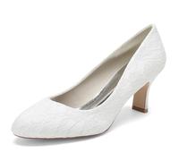 KUHAOFEU Zapatos De Boda De Encaje Marfil Zapatos De Novia De Punta Redonda Slip On Zapatos De Noche De Fiesta De Tacón De Gatito,Blanca,38 EU