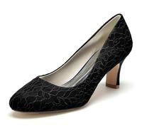 KUHAOFEU Zapatos De Boda De Encaje Marfil Zapatos De Novia De Punta Redonda Slip On Zapatos De Noche De Fiesta De Tacón De Gatito,Negro,41 EU