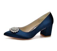 KUHAOFEU Zapatos de Boda para Mujer con Cristal Bombas de Novia de tacón Medio en Satén para Fiesta Noche,Dark Blue,37 EU