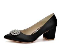 KUHAOFEU Zapatos de Boda para Mujer con Cristal Bombas de Novia de tacón Medio en Satén para Fiesta Noche,Negro,39 EU