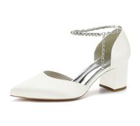 KUHAOFEU Zapatos de Mujer Rhinestone Tobillo Hebilla Punta Puntiaguda Zapatos De Novia con Bloque Tacón Alto,Marfil,43 EU