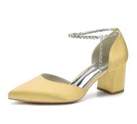 KUHAOFEU Zapatos de Mujer Rhinestone Tobillo Hebilla Punta Puntiaguda Zapatos De Novia con Bloque Tacón Alto,Dorado,43 EU