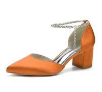 KUHAOFEU Zapatos de Mujer Rhinestone Tobillo Hebilla Punta Puntiaguda Zapatos De Novia con Bloque Tacón Alto,Naranja,35 EU