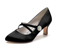 KUHAOFEU Zapatos Mary Jane para Mujer Tacones de Aguja Punta Redonda Tacones Bajos Cerrados con Correas Cruzadas para Oficina, Trabajo, Iglesia, Boda,Negro,39 EU
