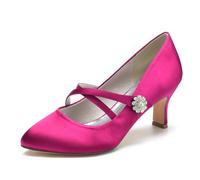 KUHAOFEU Zapatos Mary Jane para Mujer Tacones de Aguja Punta Redonda Tacones Bajos Cerrados con Correas Cruzadas para Oficina, Trabajo, Iglesia, Boda,Fuchsia,36 EU