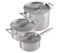 Kuhn Rikon, Batería de Cocina Montreux , Juego 3 piezas: Cazo 1L/16 Cm y Cacerolas 3.1L /20 m y 6L/ 24 Cm. Acero inoxidable 18/10, Asas Frias,Tapa de Acero , Apta Inducción, Fabricada en Suiza