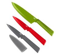KUHN RIKON Colori+ Culinary - Juego de cuchillos (3 piezas, 1 cuchillo de chef, 1 cuchillo recto, 1 cuchillo dentado, acero inoxidable, con protección de la hoja, antiadherente)
