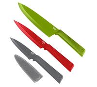 KUHN RIKON Colori+ Elementary - Juego de 3 cuchillos de cocina verde, 1 cuchillo multiusos rojo, 1 cuchillo dentado gris, cuchillo con protección de la hoja, antiadherente, acero inoxidable