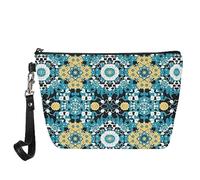 Kuiaobaty Bolsa de cosméticos de cuero para mujer, bolsa de maquillaje para niña, bolsa de viaje portátil, bolsa de aseo casual, bolsa de belleza, Arte Boho Verde Azulado, Organizador de bolsas