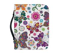 Kuiaobaty Folk Art Butterfly PU Leather Biblia Cover Bag, Colorful Butterflies Floral Book Case Zipper for Study Bible Large Small