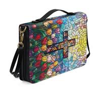 Kuiaobaty Funda para la Biblia con diseño de flores cruzadas con correa para el hombro, piel sintética vegana, organizador de libros de arte de vidrieras, protector de la Biblia de oración, 2XL