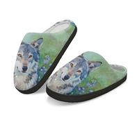 Kuiaobaty Pantuflas de fieltro para mujer, diseño de animales con pintura al óleo, para invierno, suaves, cálidas, para interiores y exteriores, lobo, 43.5/44 EU